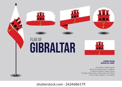 Set of Gibraltar flag in 5 designs: flag on pole, brush stroke, skew, round and standard. vector, flat, isolated on grey background. Perfect for various design projects