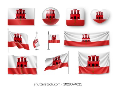 Set Gibraltar flags, banners, banners, symbols, flat icon. Vector illustration of collection of national symbols on various objects and state signs