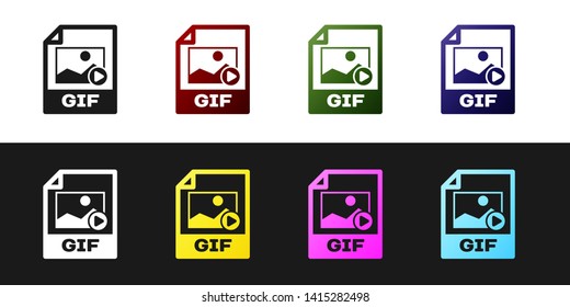 Set GIF file document icon. Download gif button icon isolated on black and white background. GIF file symbol. Vector Illustration