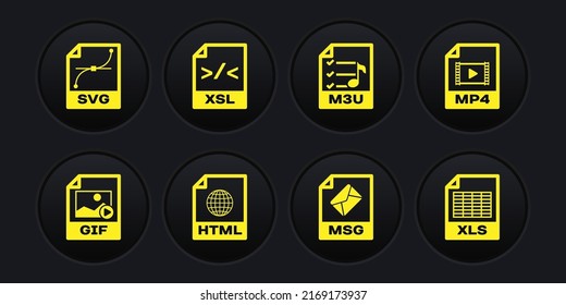 Set GIF file document, MP4, HTML, MSG, M3U and XSL icon. Vector