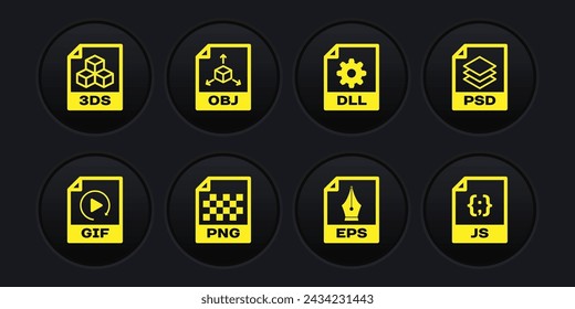 Set GIF file document, PSD, PNG, EPS, DLL and OBJ icon. Vector