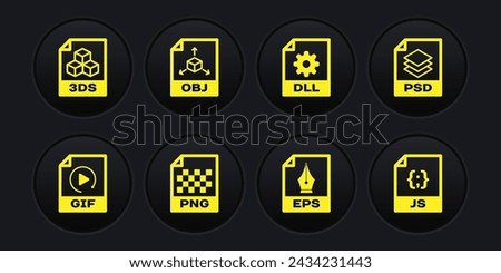 Set GIF file document, PSD, PNG, EPS, DLL and OBJ icon. Vector