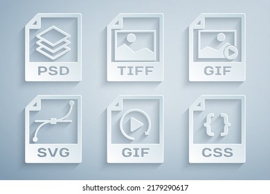 Set GIF file document, , SVG, CSS, TIFF and PSD icon. Vector