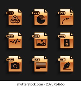 Set GIF file document, TXT, AI, WAV, RAW, MP3, SVG and 3DS icon. Vector