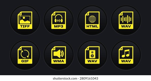 Set GIF file document, WAV, WMA, , HTML and MP3 icon. Vector