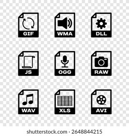 Definir documento de arquivo GIF, WMA, DLL, WAV, XLS e ícone AVI. Vetor