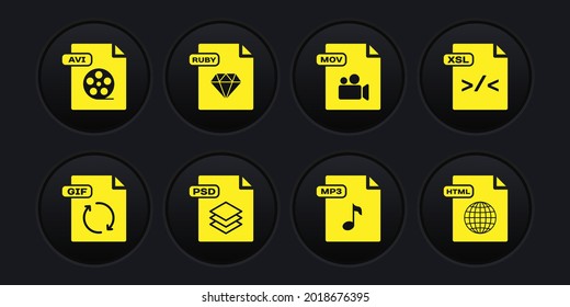 Set GIF file document, XSL, PSD, MP3, MOV, RUBY, HTML and AVI icon. Vector