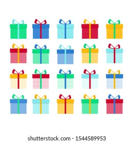 Set with gift for any design. Colorful blank cardboard package box. Product packaging. White background. Surprise symbol.  Holiday background. Christmas vector.