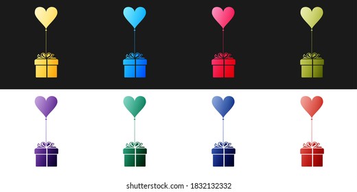 Set Gift with balloon in shape of heart icon isolated on black and white background. Valentine's day, wedding, birthday card. Vector.