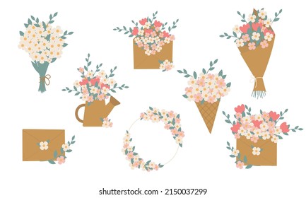 Set of gift bouquets, spring holiday waffle cone Bouquet, 
watering can with flowers, Bunch of daisy, Wild garden blooming flowers, envelope, wedding wreath, plants stems and leaves cute cards posters