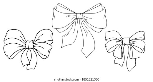  Set gift  bow, beautiful bow, present card package and decoration. Ribbon for birthday, valentine surprise. Vector line art bow illustration isolated on white background