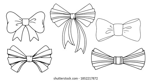  Set gift  bow, beautiful bow, present card package and decoration. Ribbon for birthday, valentine surprise. Vector line art bow illustration isolated on white background