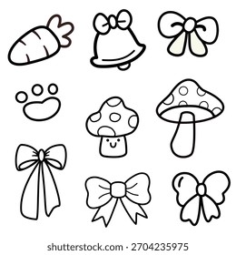 Set of gift bow decorations and Christmas icons. Coloring pages for kids.
