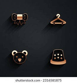 Set Gift bow, Hanger wardrobe, Teddy bear plush toy and Thimble for sewing icon with long shadow. Vector