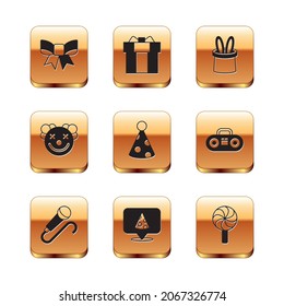 Set Gift bow, Microphone, Slice of pizza, Party hat, Clown head, Magician and rabbit ears, Lollipop and box icon. Vector