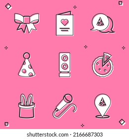 Set Gift bow, Postcard with heart, Slice of pizza, Party hat, Stereo speaker, Homemade pie, Magician and rabbit ears and Microphone icon. Vector