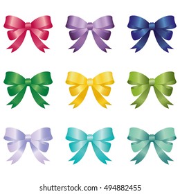 Set of gift bows. Different colors. White background. 
Vector illustration.