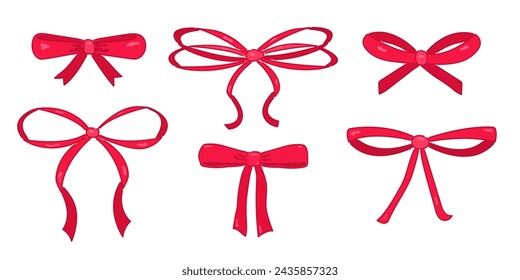 Set of gift bows made of thin red ribbon. Elegant decorative elements for a presentation, party, holiday, event, birthday