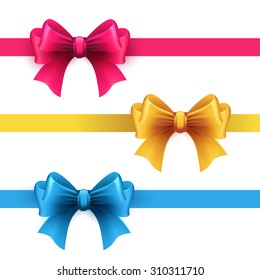 Set of gift bows with ribbons. Pink, gold and blue color.