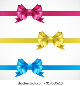 Set of gift bows with ribbons. Pink, gold and blue color. EPS 10
