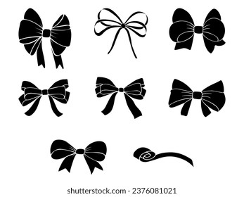  Set of gift bows, ribbons  in sketch style, hand drawn vector doodles, icon set isolated on white background. 