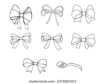  Set of gift bows, ribbons  in sketch style, hand drawn vector doodles, icon set isolated on white background. 