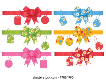 Set of  gift bows with ribbons and tags.