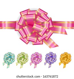 Set of gift bows with ribbons. Vector illustration. Red, blue, green, pink, violet, yellow pastel colors