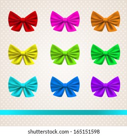 Set of gift bows with ribbons. Vector illustration. Yellow, green, blue, pink, violet, red