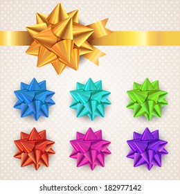 Set of gift bows with ribbons. Vector illustration. Red, blue, green, pink, violet, yellow pastel colors