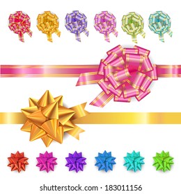 Set of gift bows with ribbons. Vector illustration. Yellow, green, blue, pink, violet, red
