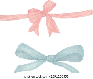 Set of gift bows, Vector, Watercolor illustration, silk bow, satin bow, festive, Greeting cards, invitations, birthday, party, baby shower, event, holiday, wedding card, baby shower