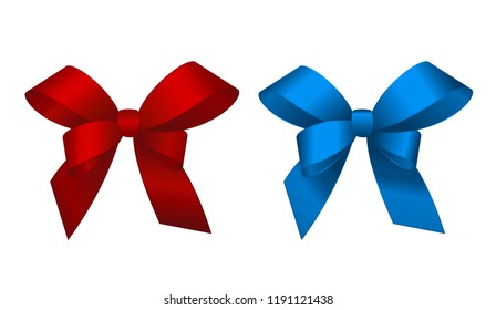 Set of  gift bows(red, blue). Vector Shiny Satin Gift Bow Close up Isolated on White Background.