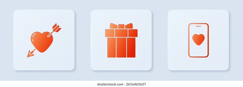 Set Gift box, Amour with heart and arrow and Online dating app chat. White square button. Vector
