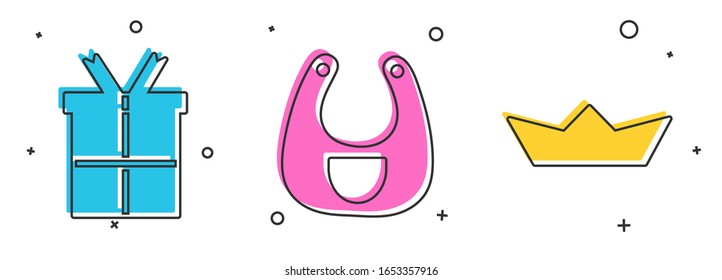 Set Gift box, Baby bib and Folded paper boat icon. Vector