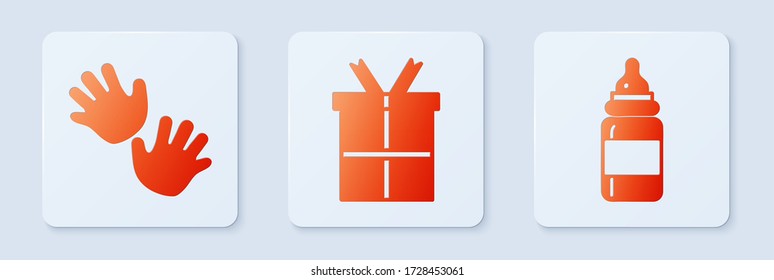 Set Gift box, Baby hands print and Baby bottle. White square button. Vector