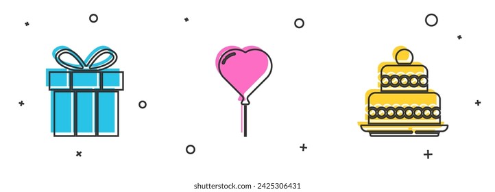 Set Gift box, Balloon in form of heart and Cake icon. Vector