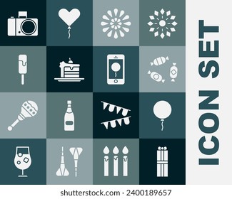 Set Gift box, Balloon with ribbon, Candy, Firework, Cake, Ice cream, Photo camera and Mobile birthday message icon. Vector