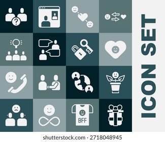 Set Gift box, BFF or best friends forever, Good relationship, Romantic, Two sitting men talking, Project team base, Complicated and Lock with key icon. Vector