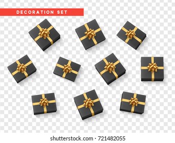 Set gift box black, with gold ribbon and bow. Realistic isolated different gift boxes. Flat lay, top view