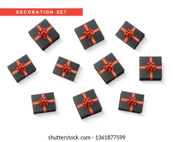 Set gift box black, with red ribbon and bow. Realistic isolated different gift boxes. Flat lay, top view