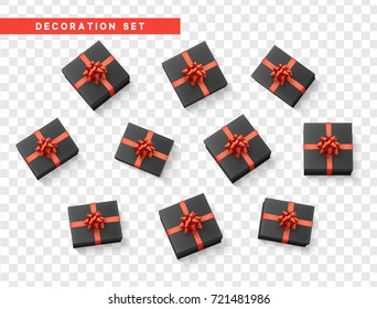 Set gift box black, with red ribbon and bow. Realistic isolated different gift boxes. Flat lay, top view