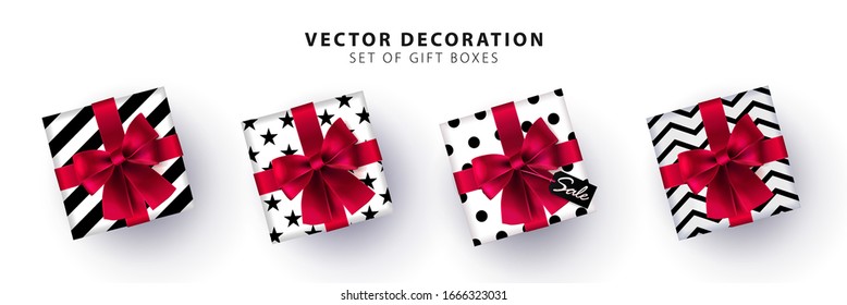 Set of gift box in black and white colors with silk red bow. Isolated on white background. Collection of realistic gift presents view top. Holiday decoration elements