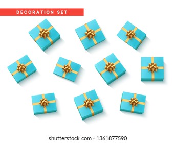 Set gift box blue, with gold ribbon and bow. Realistic isolated different gift boxes. Flat lay, top view