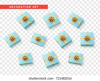 Set gift box blue, with gold ribbon and bow. Realistic isolated different gift boxes. Flat lay, top view
