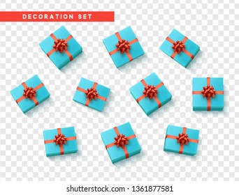 Set gift box blue, with red ribbon and bow. Realistic isolated different gift boxes. Flat lay, top view