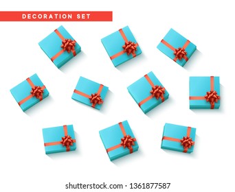 Set gift box blue, with red ribbon and bow. Realistic isolated different gift boxes. Flat lay, top view