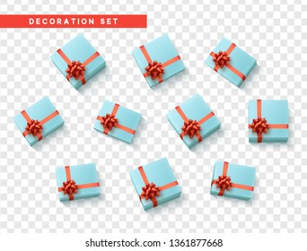 Set gift box blue, with red ribbon and bow. Realistic isolated different gift boxes. Flat lay, top view