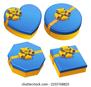 Set gift box with bow blue and yellow color ukraine flag. Vector cartoon illustration isolated on white