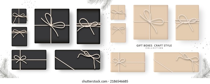 Set of gift box brown and black color isolated on white background. Collection of craft-style gift presents for decorative Christmas, Birthday, and Giving. Top view. Vector Illustration.